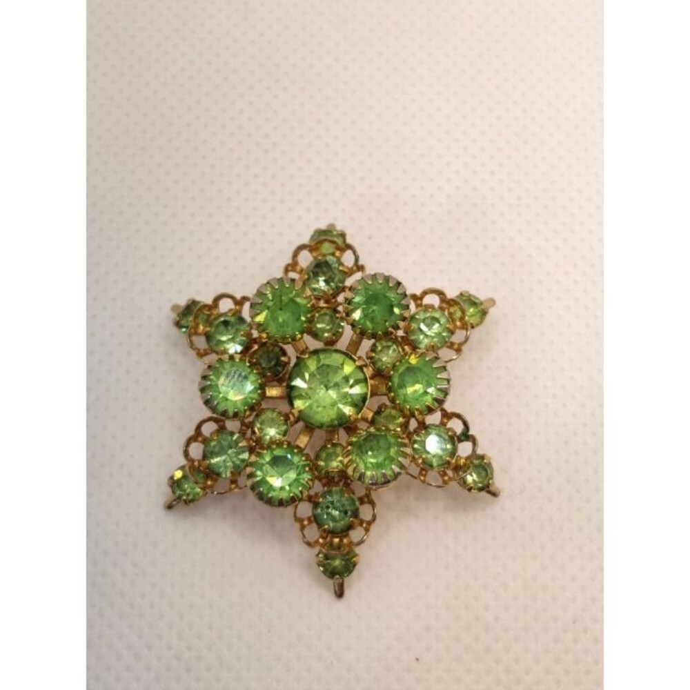 Green Rhinestone Snow Flake Brooch